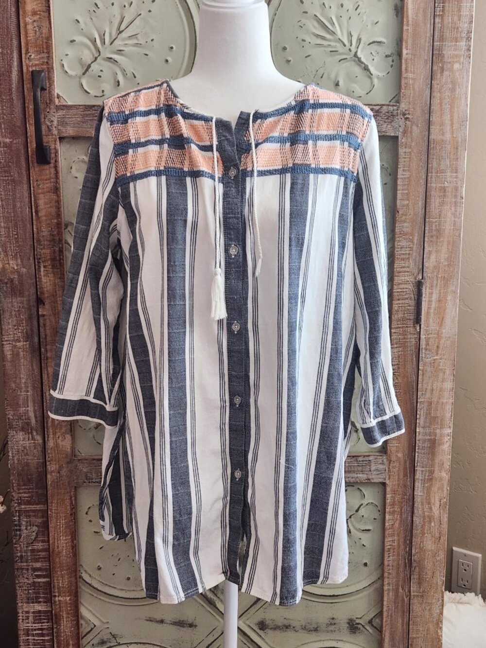 Woolrich Cleo Falls Cotton Button Down Tunic w/Embroidery and Tassel Trim | XL